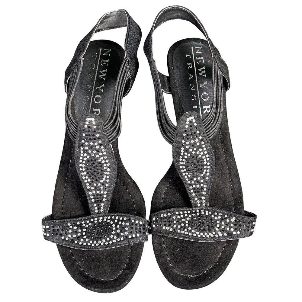 New York Transit Womens Black Rhinestone T-Strap Wedge Sandals Size 5.5M